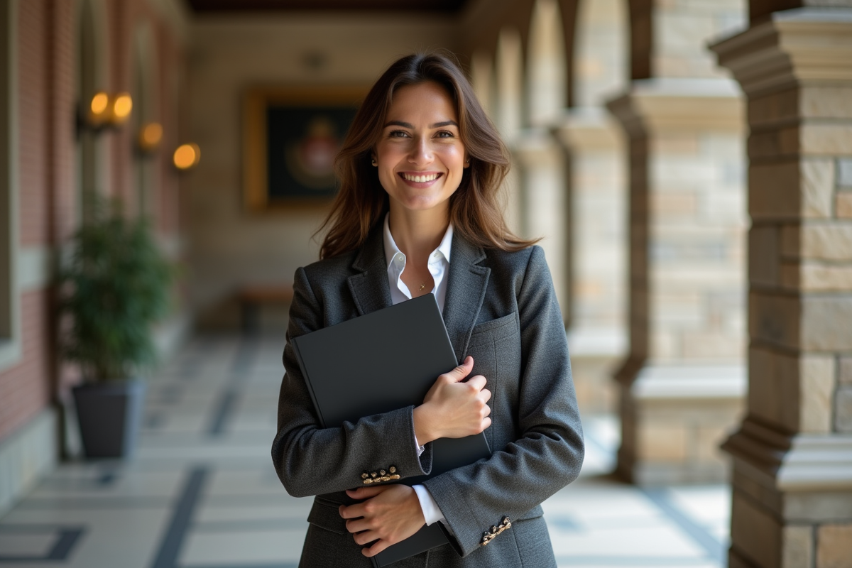 Femme souriante avec un diplôme dans un couloir universitaire
