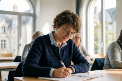 Femme concentrée prenant des notes dans une salle de formation Saumur