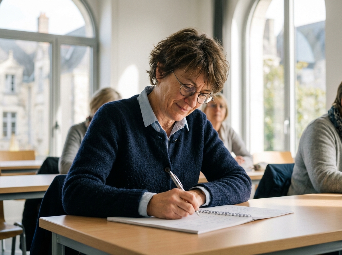 Femme concentrée prenant des notes dans une salle de formation Saumur