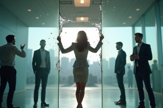 Femme d'affaires brisant un mur dans un bureau moderne