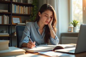 Jeune femme professionnelle studieuse et frustrée à son bureau