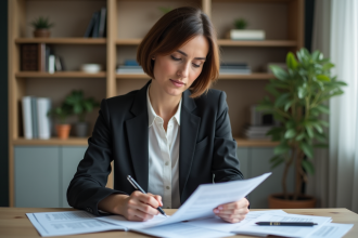 Femme en réunion d'évaluation dans un bureau moderne