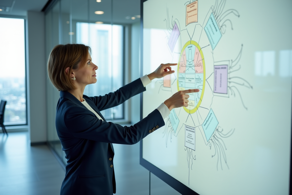 Femme exécutive pointant un tableau blanc avec diagrammes stratégie Mintzberg