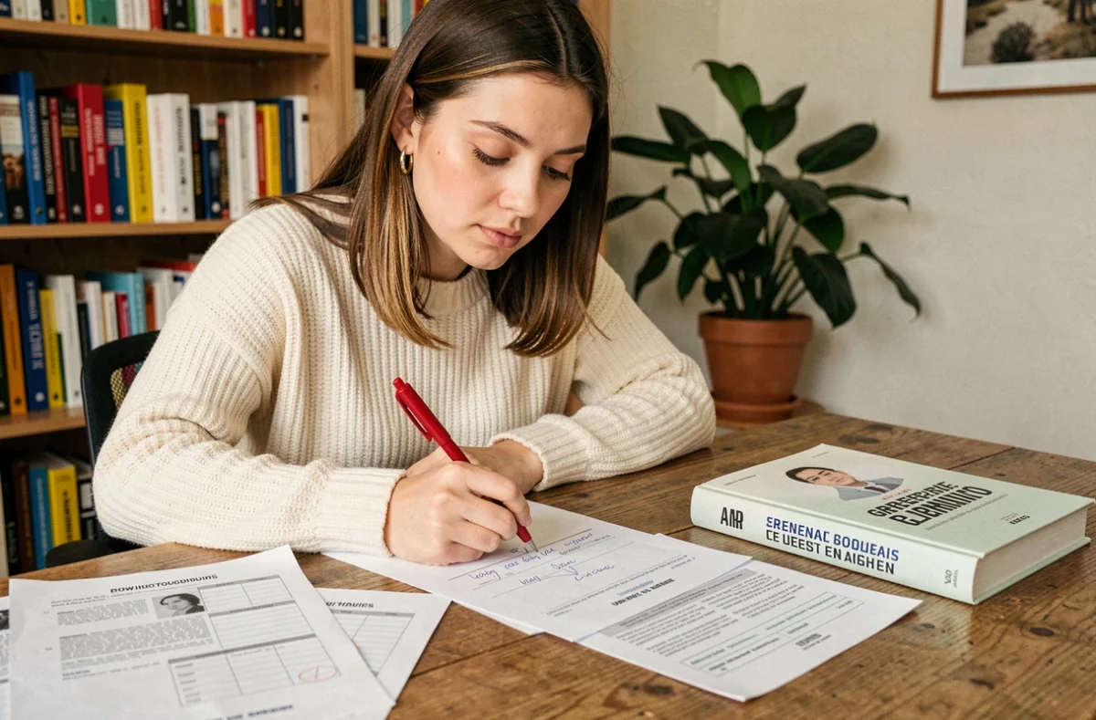Jeune femme annotant des exercices de classes grammaticales imprimés depuis un PDF corrigé à son bureau