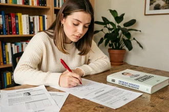 Jeune femme annotant des exercices de classes grammaticales imprimés depuis un PDF corrigé à son bureau