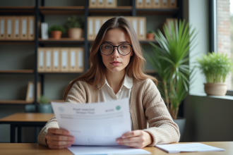 Jeune femme en bureau examinant un document financier