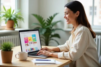 Femme utilisant Canva sur un ordinateur portable dans un espace de coworking pour créer un feed Instagram professionnel