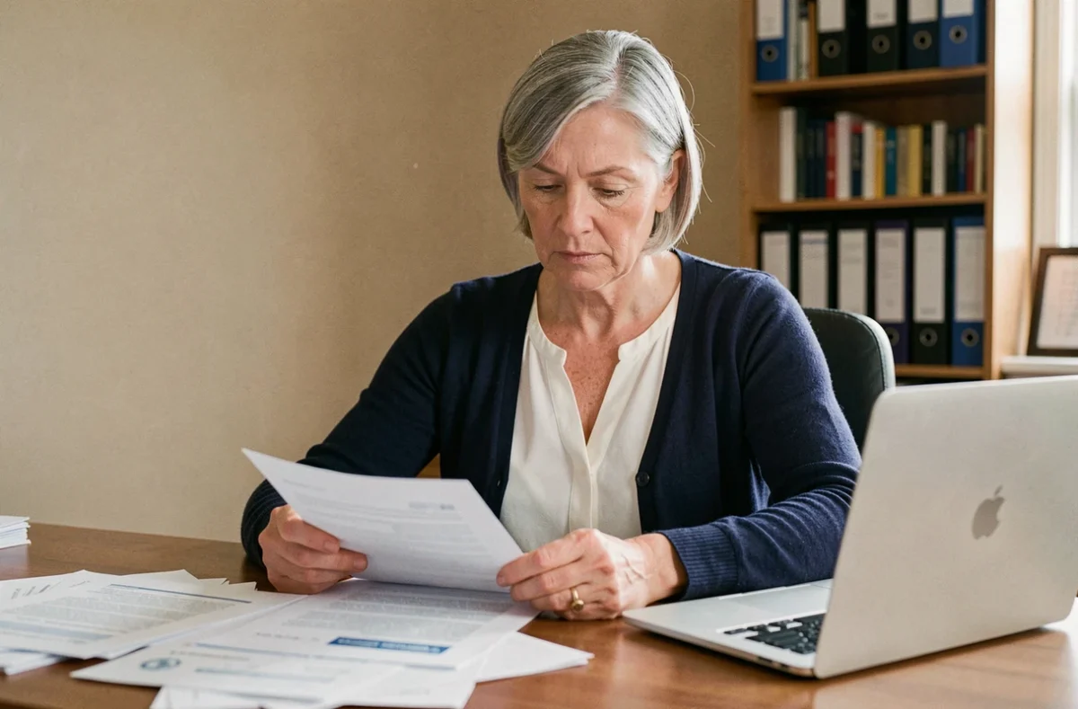 Femme en situation de handicap consultant ses droits CPF sur des documents administratifs à son bureau à domicile