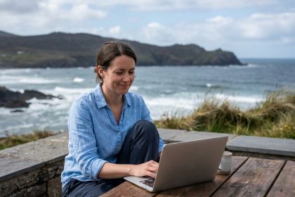 Femme assise au bord de la mer en blouse bleue