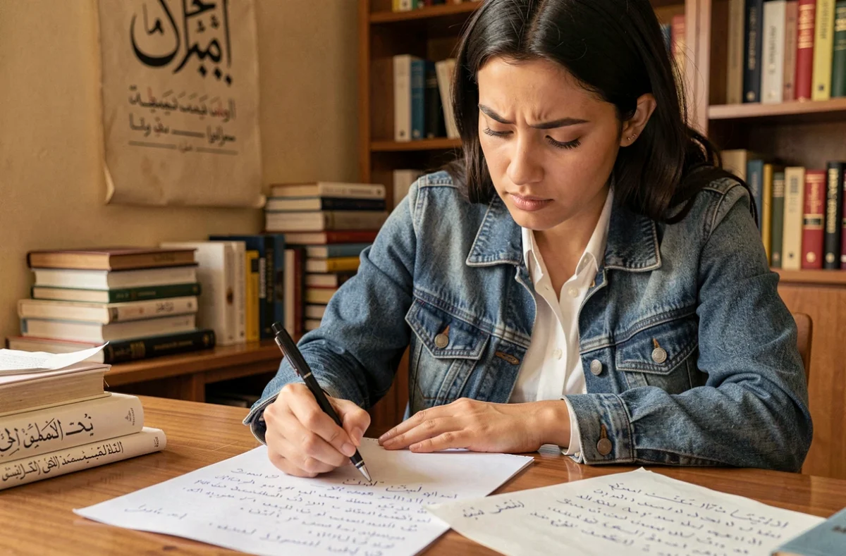 Jeune femme marocaine apprenant à écrire la darija en alphabet arabe à son bureau, entourée de notes de transcription
