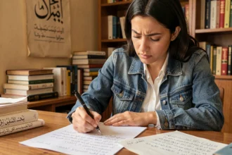Jeune femme marocaine apprenant à écrire la darija en alphabet arabe à son bureau, entourée de notes de transcription