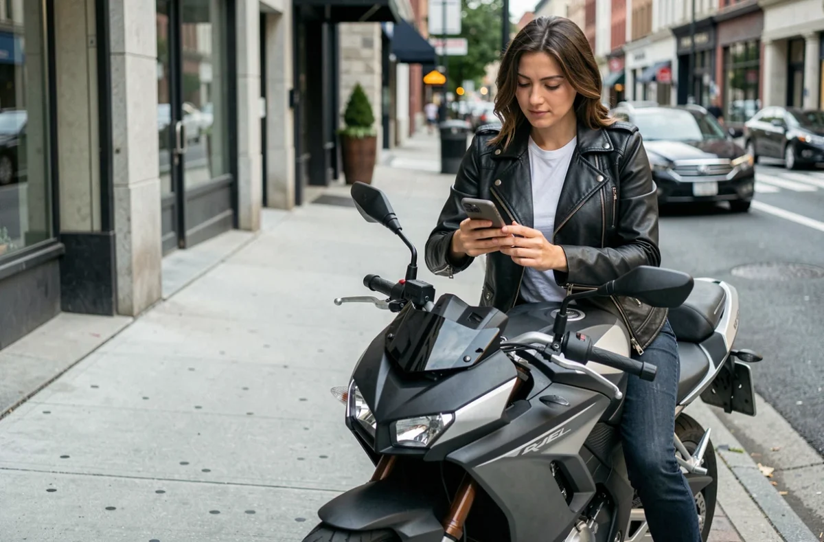 Femme motarde consultant l'application code de la route moto sur son téléphone, appuyée contre sa moto en ville
