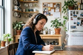 Femme concentrée prenant des notes dans une cuisine chaleureuse