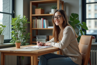 Jeune femme en bureau motivée et organisée