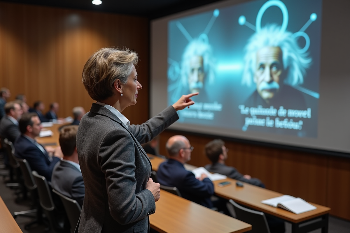 Femme physicien en salle de cours moderne