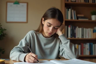Jeune femme révisant des tests psychotechniques sur un bureau organisé avec plannings et cahiers de préparation