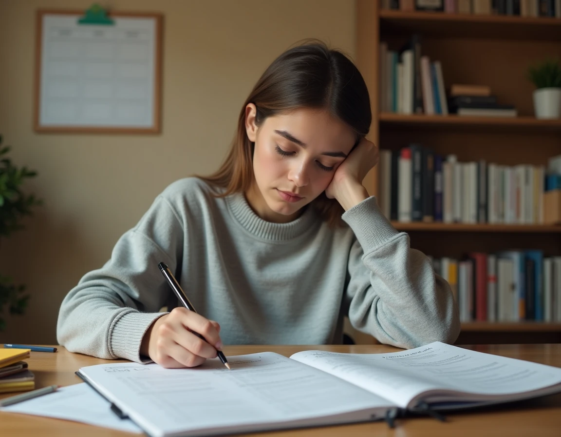 Jeune femme révisant des tests psychotechniques sur un bureau organisé avec plannings et cahiers de préparation