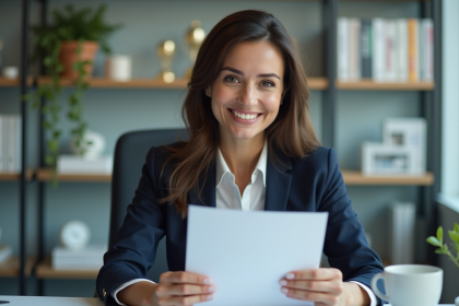 Femme d affaires en bureau avec certificat de qualification