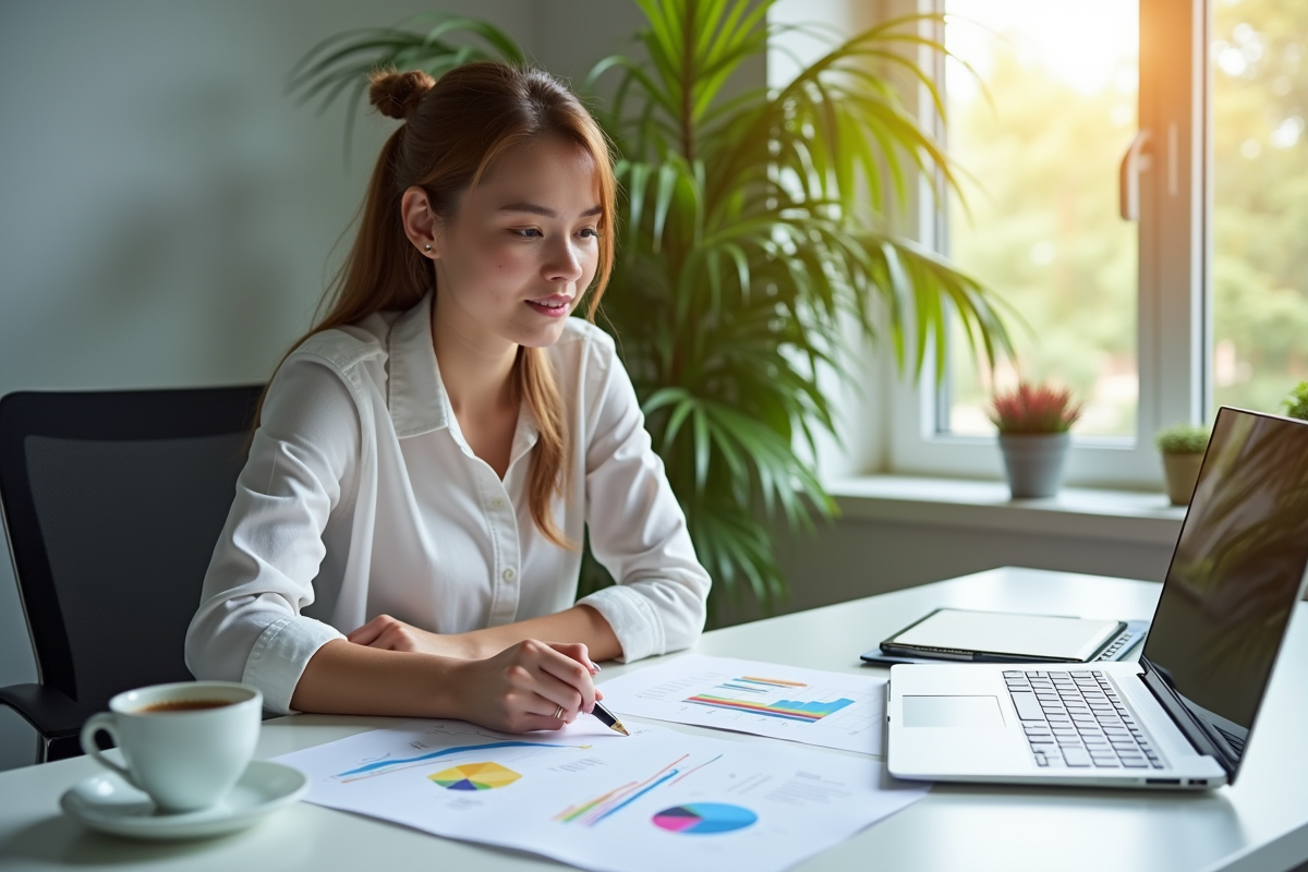 Jeune femme professionnelle analysant des graphiques financiers lumineux