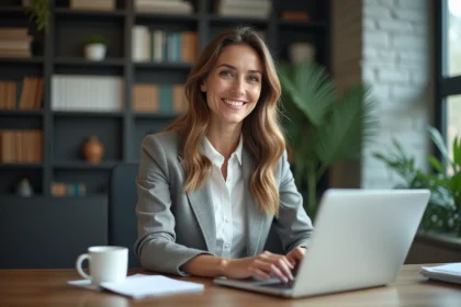 Femme professionnelle souriante en visioconférence dans un bureau moderne