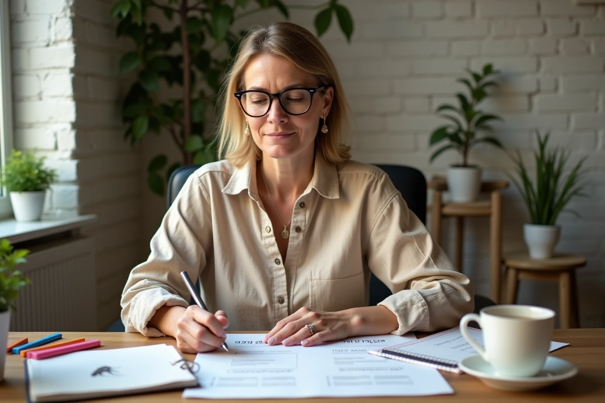 Femme adulte révisant des exercices sur les verbes du deuxième groupe à son bureau à domicile