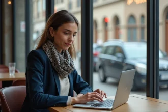 Femme en blazer travaillant sur son ordinateur dans un café