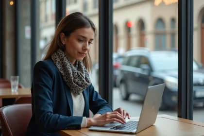 Femme en blazer travaillant sur son ordinateur dans un café
