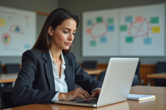Femme en formation professionnelle travaillant sur un laptop