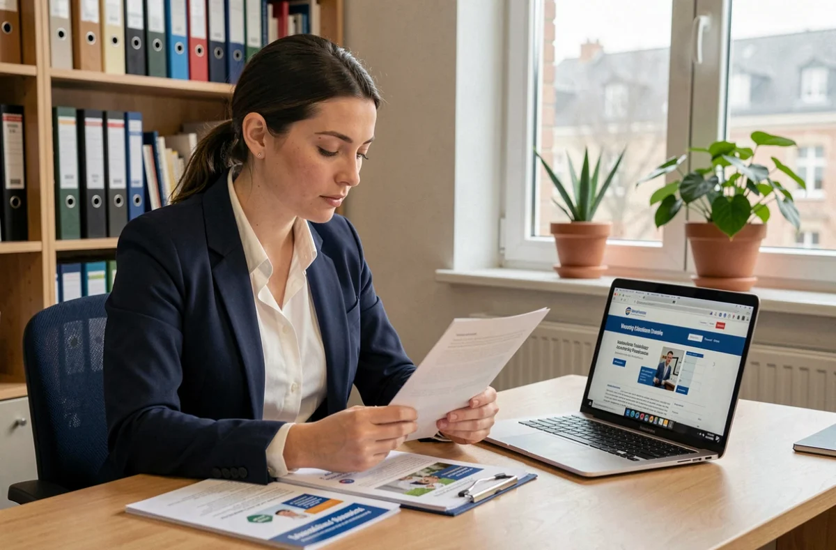 Femme consultant des documents de financement de formation professionnelle dans un bureau universitaire du Cnam à Saint-Nazaire