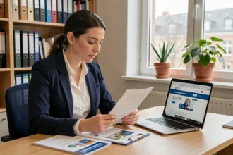Femme consultant des documents de financement de formation professionnelle dans un bureau universitaire du Cnam à Saint-Nazaire