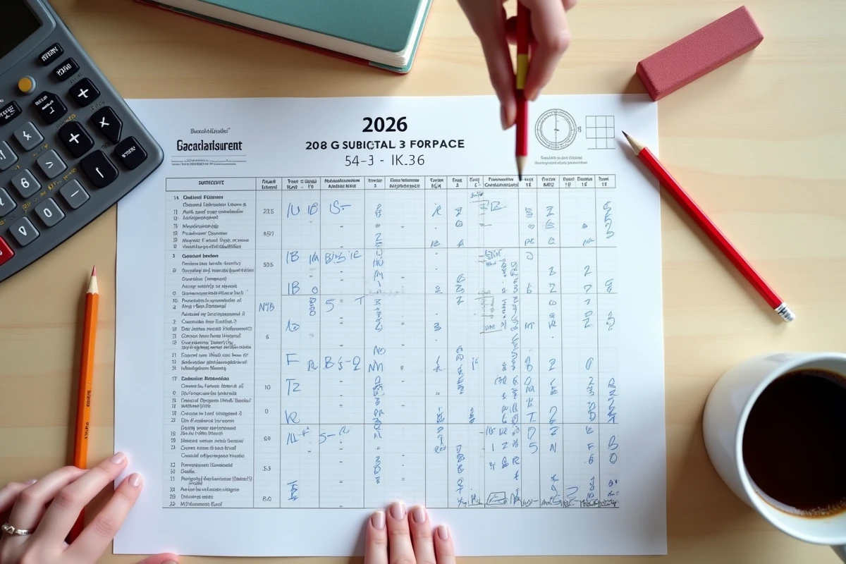 Vue de dessus d'une feuille de calcul de moyenne avec coefficients pour le Bac 2026