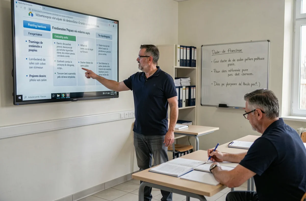 Formateur professionnel expliquant un programme de formation devant un écran numérique dans un centre de formation de l'Oise en 2026