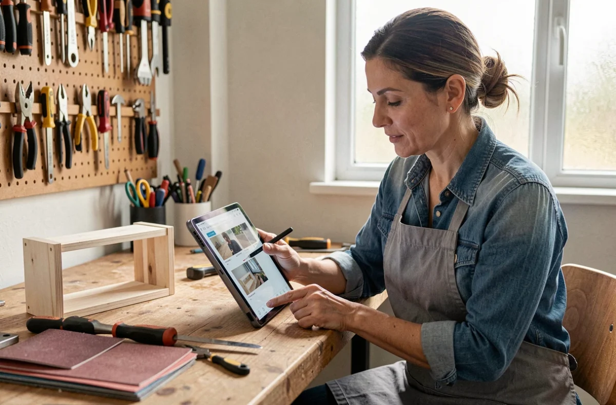 Femme apprenant la rénovation bricolage via une formation en ligne sur tablette dans un atelier maison
