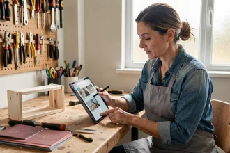 Femme apprenant la rénovation bricolage via une formation en ligne sur tablette dans un atelier maison