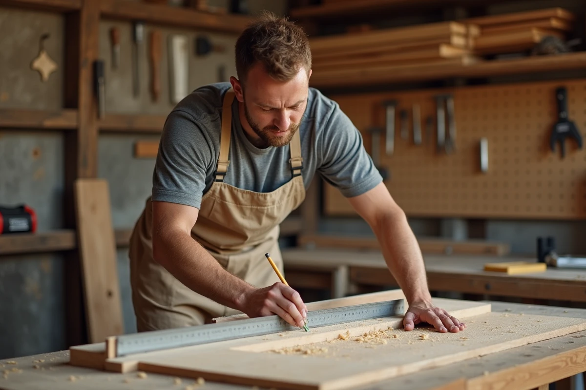Homme en tablier de travail mesurant une planche en bois dans un atelier de bricolage, formation pratique expertdubricolage CPF