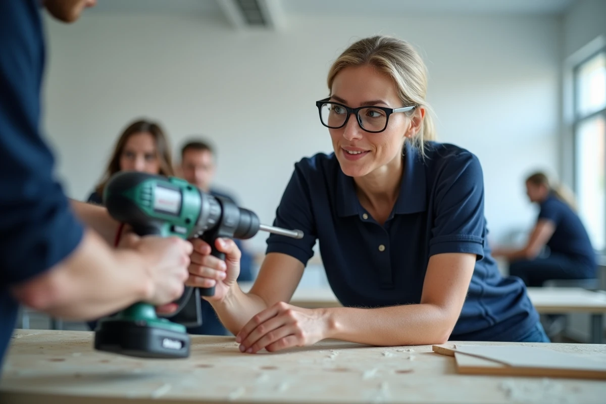 Femme suivant une formation bricolage CPF avec un formateur expert en atelier, apprentissage pratique de la perceuse sur cloison sèche