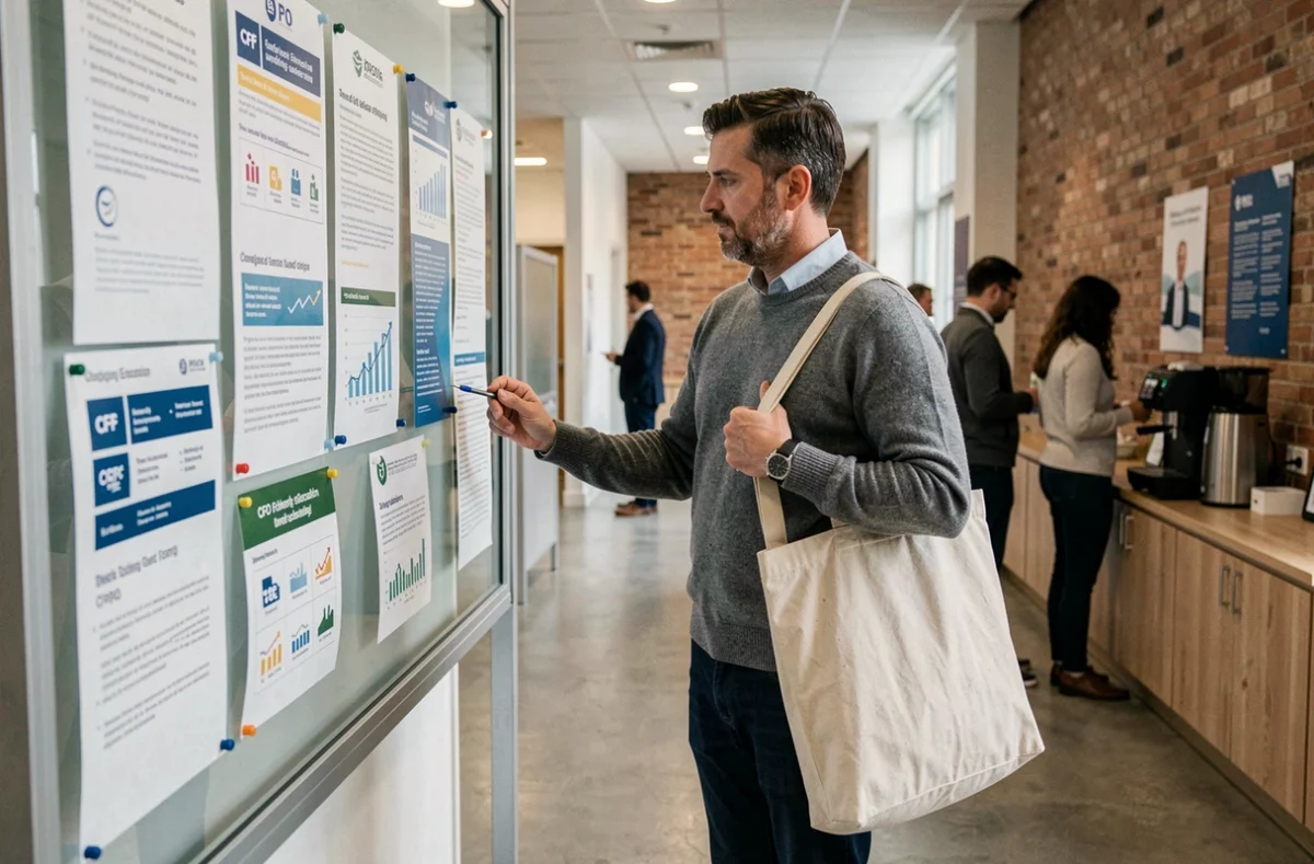 Adulte en reconversion professionnelle consultant les affichages sur le financement CPF dans un centre de formation continue à Saint-Nazaire