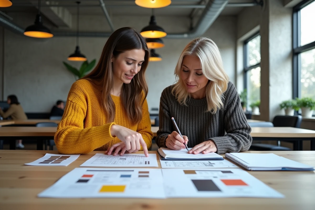 Deux étudiantes en formation design intérieur collaborant autour de plans et de palettes de couleurs dans un espace de co-working moderne