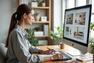 Étudiante en formation design d'intérieur travaillant sur un tableau de tendances devant son écran dans un studio à domicile