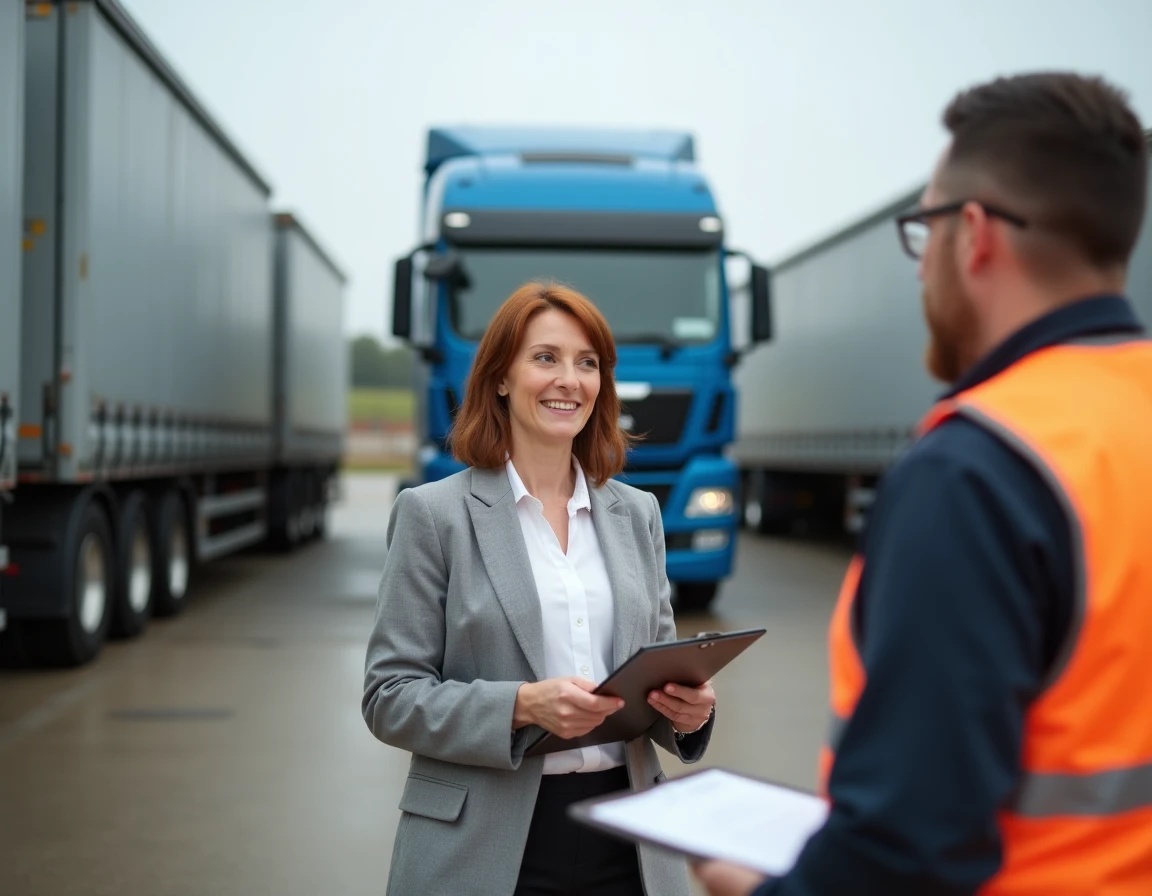 Candidate à la formation FIMO avec un formateur devant un camion dans un dépôt logistique, financement France Travail
