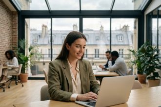 Étudiante en informatique travaillant dans un espace de co-working parisien avec vue sur les toits haussmanniens