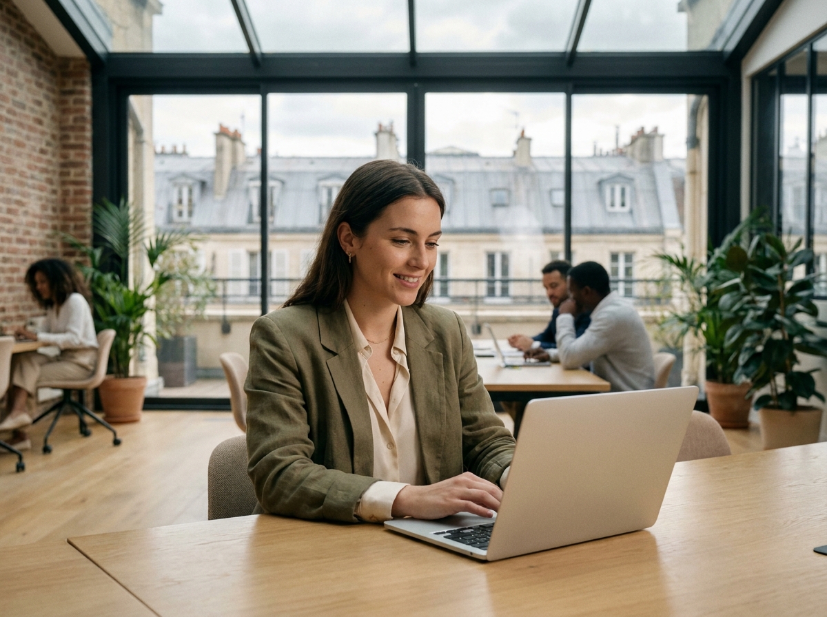 Étudiante en informatique travaillant dans un espace de co-working parisien avec vue sur les toits haussmanniens