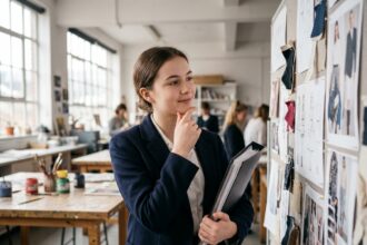 Jeune femme tenant un portfolio dans un atelier d'école d'art, entourée de croquis et de planches de couleurs, illustrant les formations artistiques après le bac