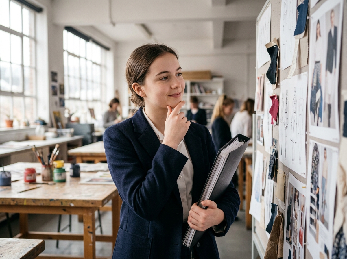 Jeune femme tenant un portfolio dans un atelier d'école d'art, entourée de croquis et de planches de couleurs, illustrant les formations artistiques après le bac