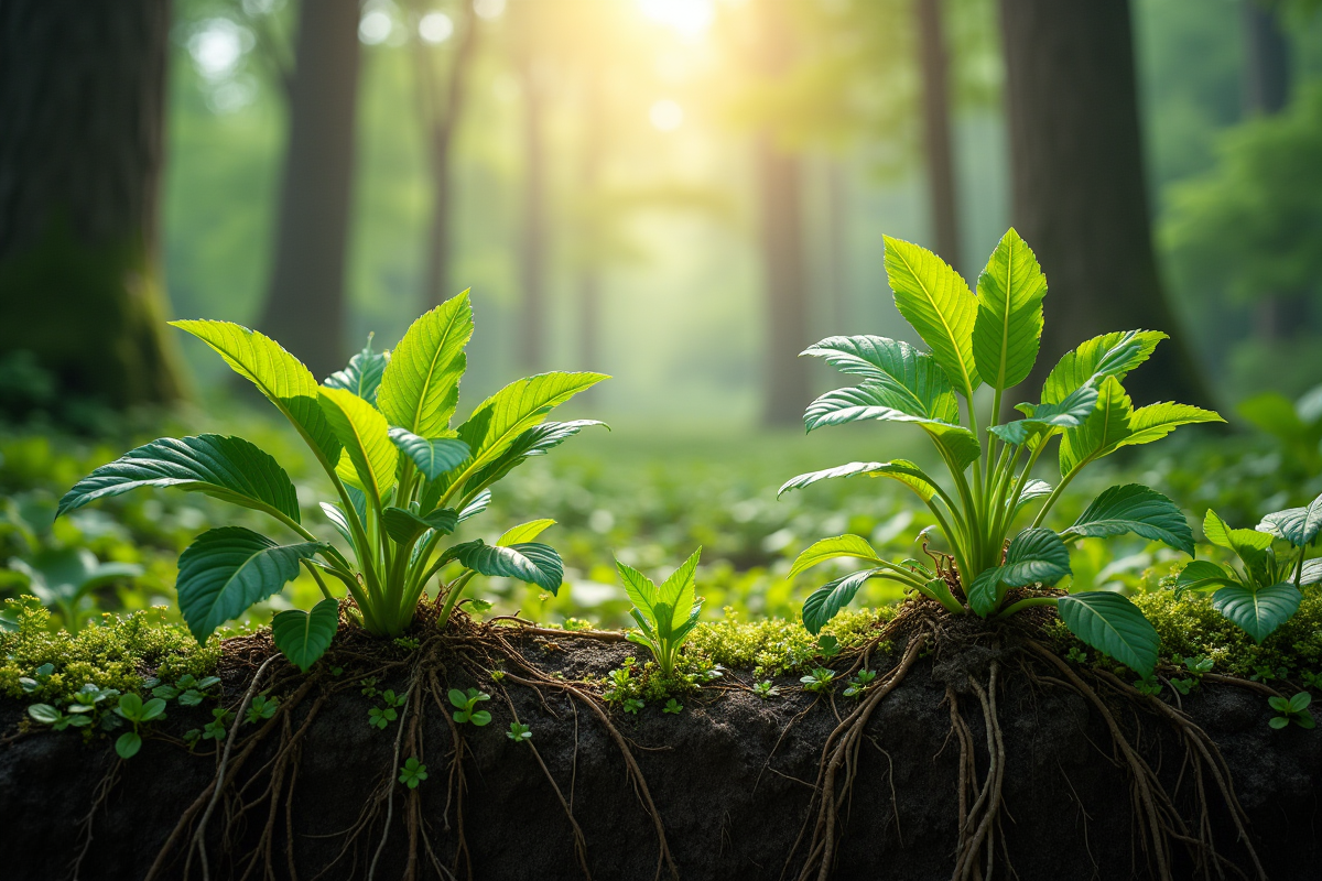 Sol forestier avec plantes aux feuilles cireuses et racines profondes