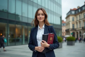 Diplômée des Gobelins Paris tenant son portfolio et son passeport devant un immeuble de bureaux international moderne
