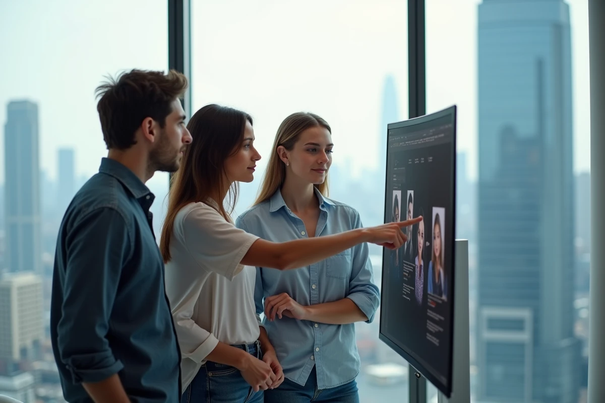 Équipe internationale de créatifs formés aux Gobelins collaborant sur un projet de retouche photo dans un bureau avec vue sur une métropole étrangère