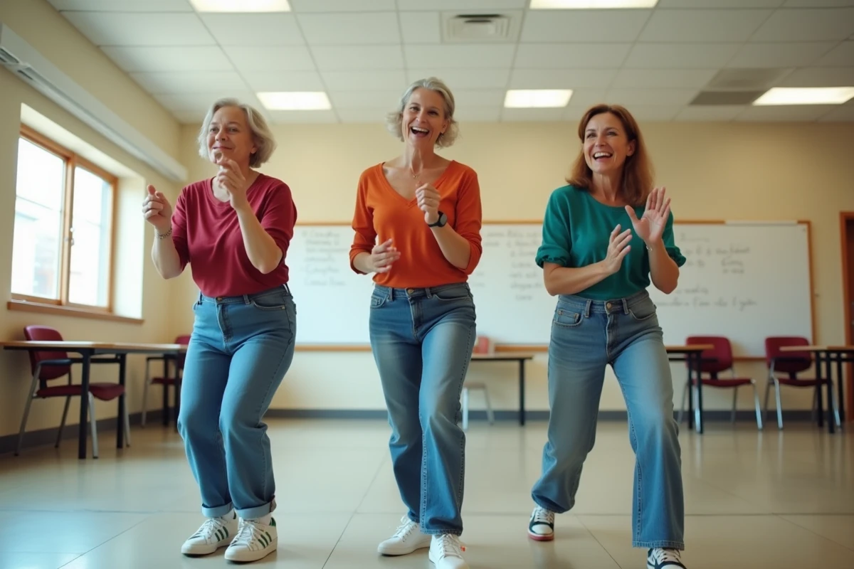 Groupe d'adultes débutants apprenant ensemble une chorégraphie simple et amusante dans une salle communautaire