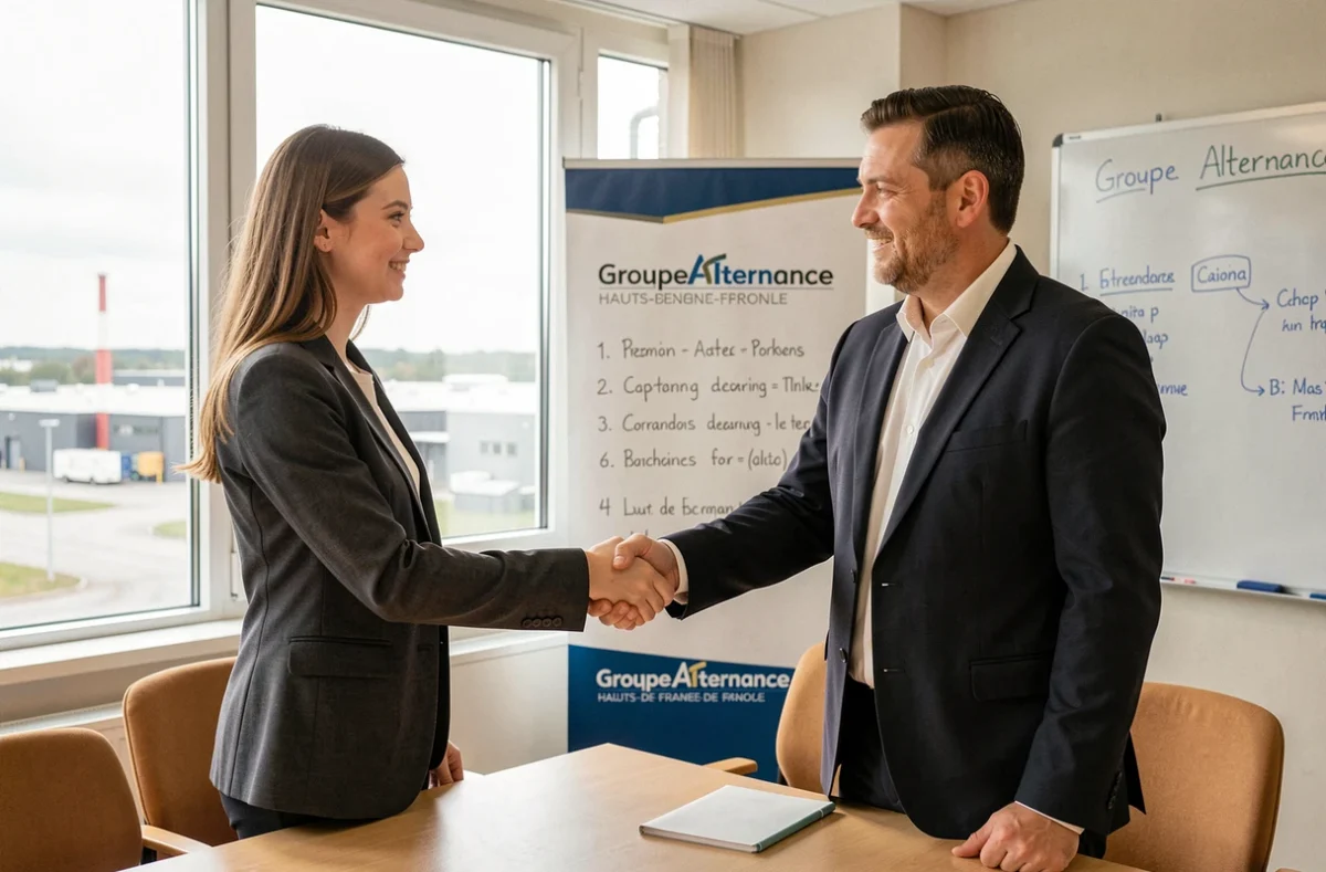 Étudiante en alternance serrant la main d'un tuteur professionnel dans un campus du Groupe Alternance