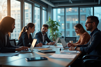 Groupe de data scientists collaborant dans un bureau moderne